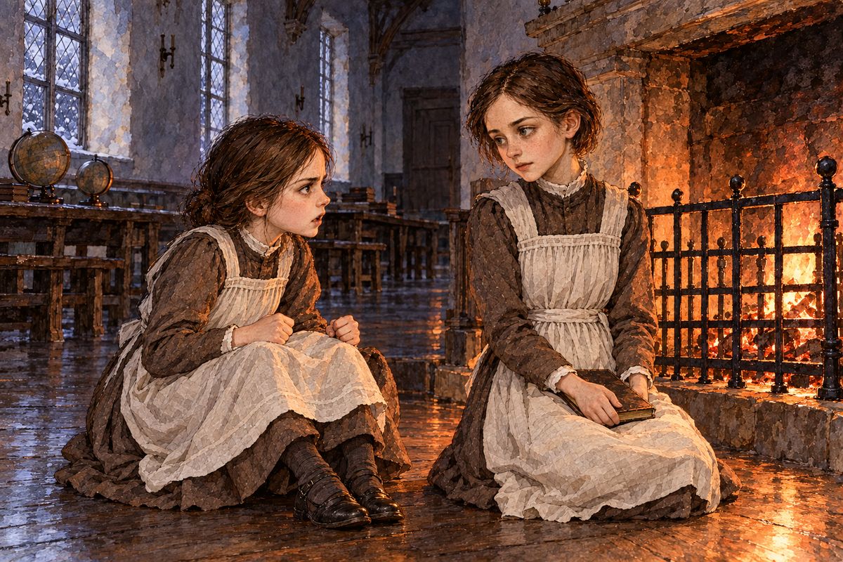 At the evening play-hour Jane found Helen reading by the embers and poured out her anger. "If she struck me with that rod, I should break it under her nose!" Helen answered gently that violence does not overcome hate. Life, she said, was too short to be spent nursing grudges or keeping a record of wrongs.
