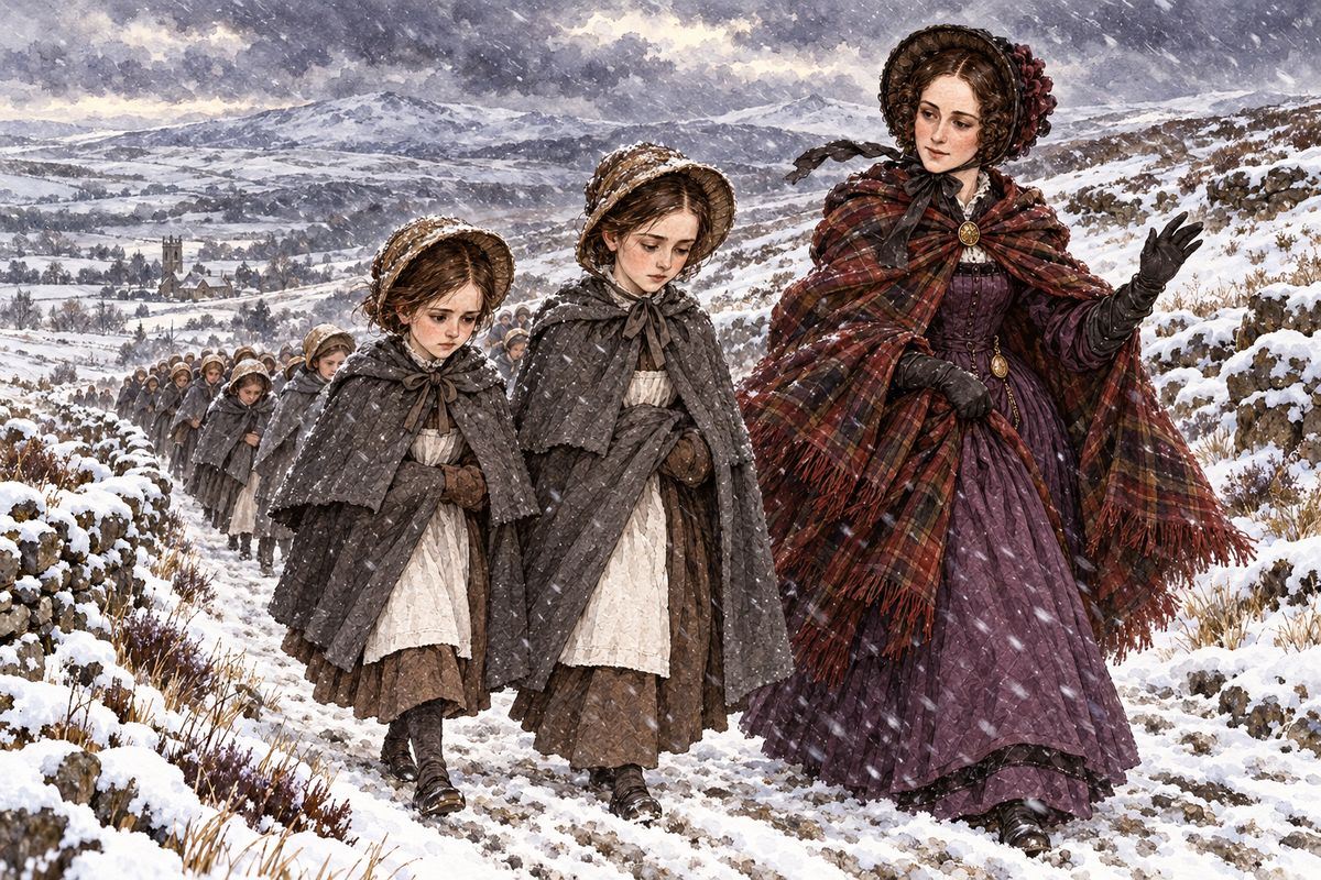 Through the first winter the girls had no boots or gloves. Chilblains swelled their feet, and the hungry older girls coaxed or bullied the little ones out of their bread. On Sundays they marched two miles through snow to Brocklebridge Church, and Miss Temple walked briskly along the drooping line, urging them on "like stalwart soldiers."