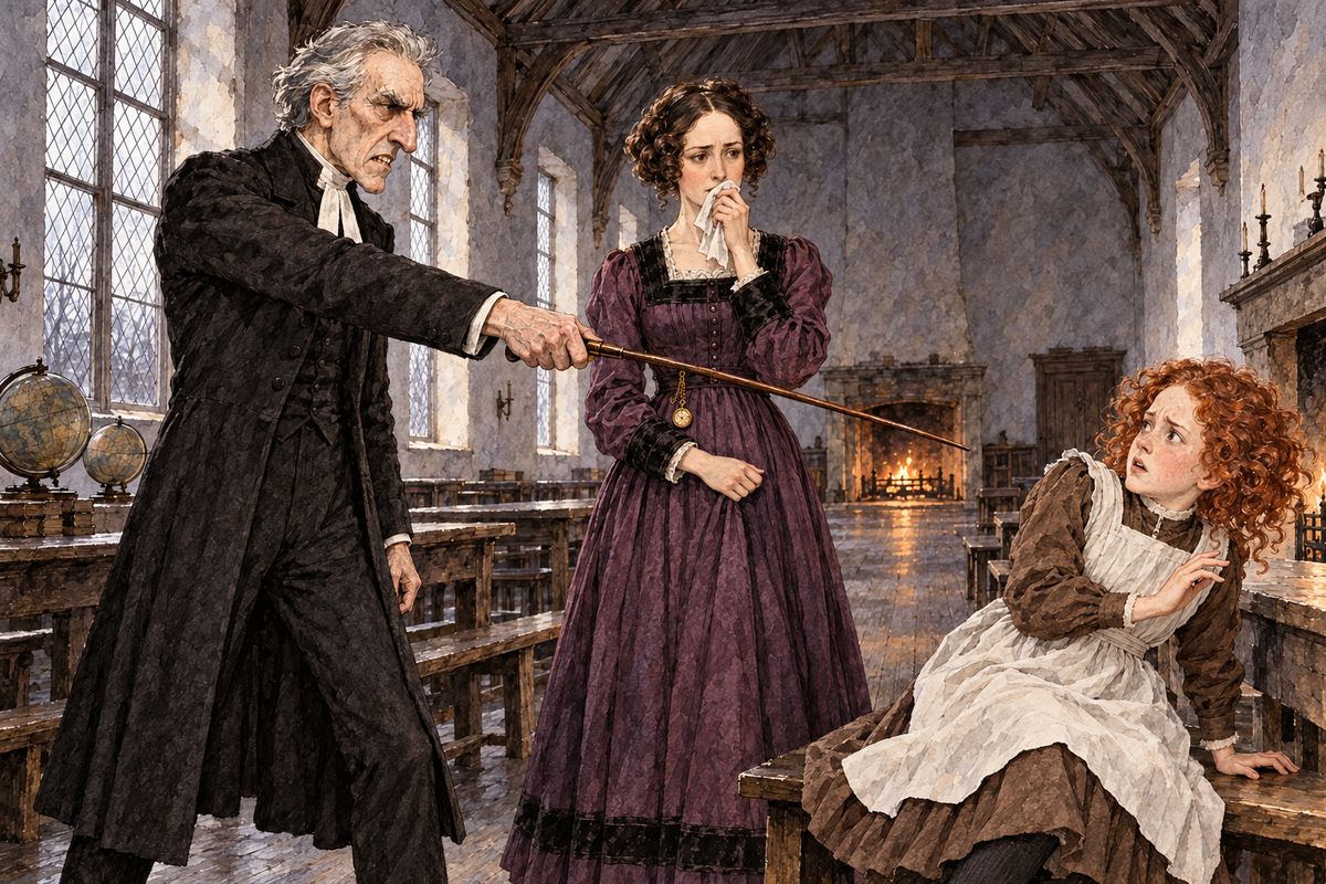 Three weeks after Jane's arrival, Mr Brocklehurst strode into the schoolroom. He scolded Miss Temple for giving the girls bread and cheese when their porridge was burnt, then stopped, horrified, and pointed his cane at Julia Severn's red curls. Miss Temple said quietly that they were natural, but he ordered them cut off, along with every top-knot in the first class.