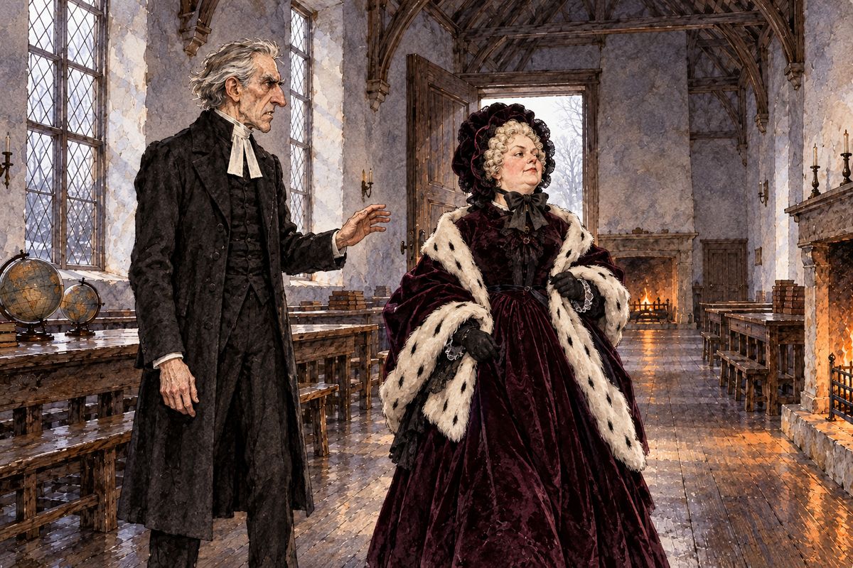 In the middle of his sermon against braided hair and costly clothes, his wife and two daughters swept in from the carriage. They were dressed in velvet, silk and furs. The daughters' grey beaver hats nodded with ostrich plumes over elaborately curled hair, and Mrs Brocklehurst wore a false front of French curls.