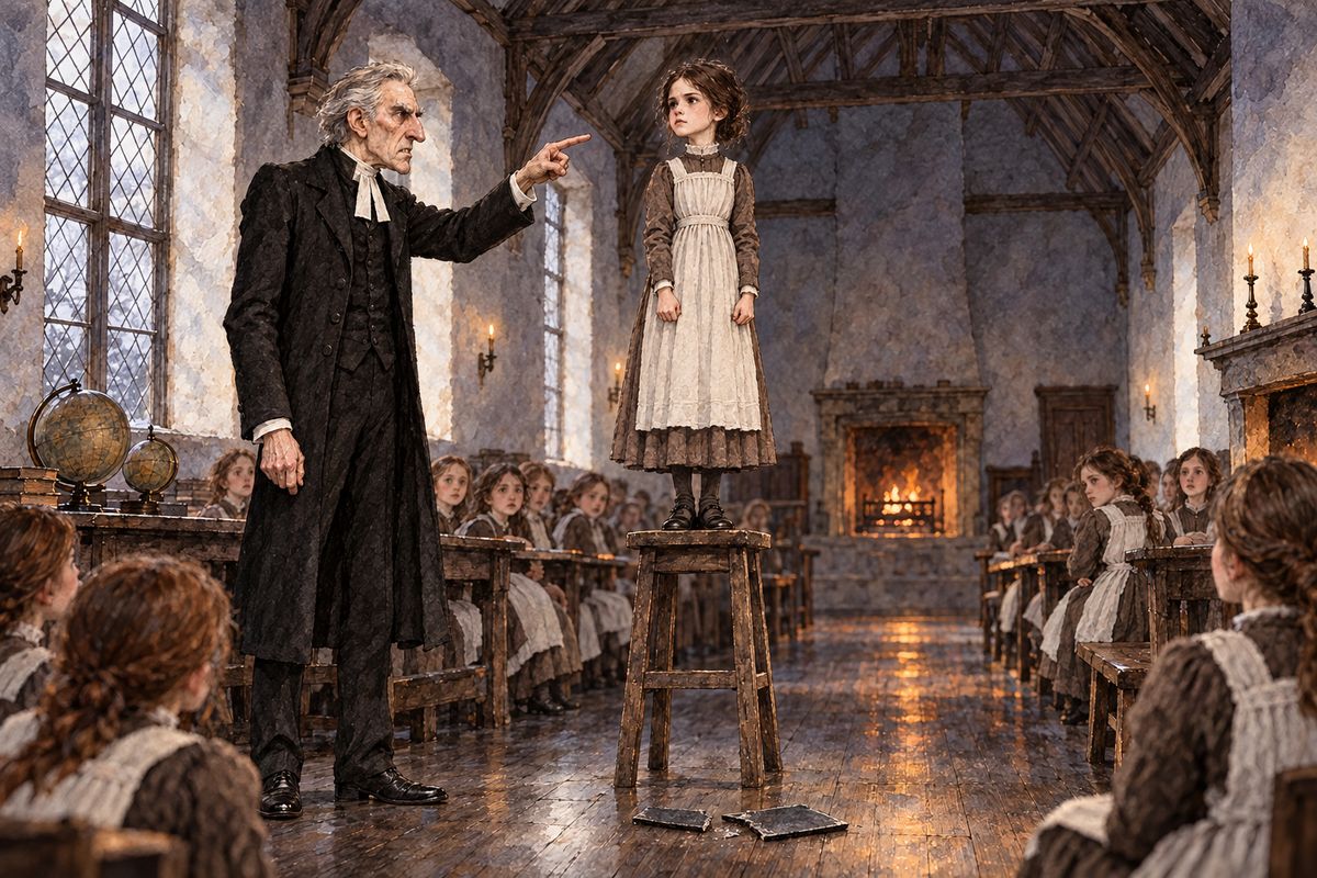 Jane had hidden behind her slate, but it slipped and cracked in two. She was set on a high stool before the whole school, and Mr Brocklehurst warned everyone to shun her and watch her, because this child was "a liar!" His wife and daughters dabbed their eyes with their handkerchiefs.