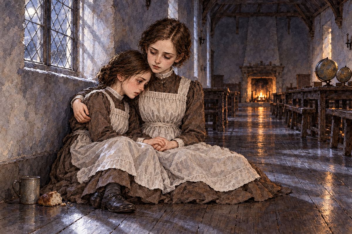 At five o'clock, in the deep dusk, Jane crept down and lay sobbing on the floor, wishing to die. Helen brought her coffee and bread and sat beside her. "There are only eighty people who have heard you called so, and the world contains hundreds of millions." She chafed Jane's cold fingers until Jane rested her head on her shoulder.