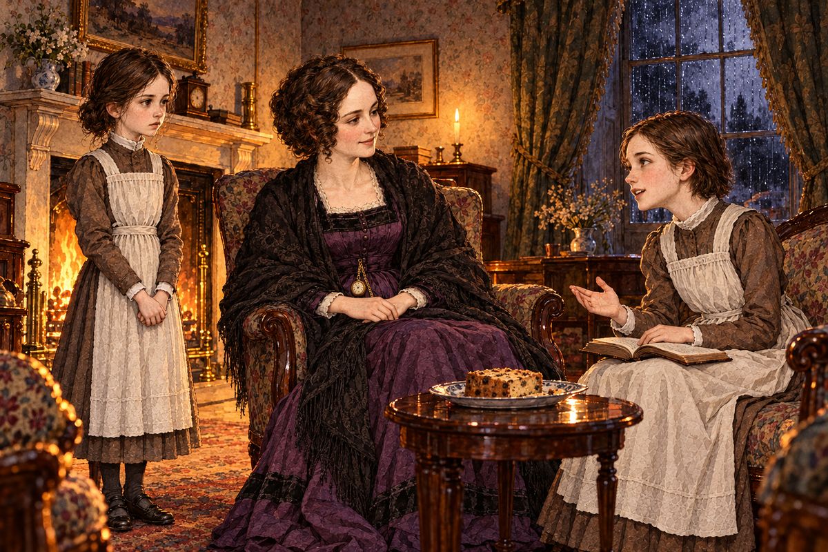 Miss Temple found them by moonlight and took them up to her warm room. She heard Jane's story and promised to write to Mr Lloyd, then served tea and unlocked a seed-cake. Helen's cheeks glowed and her eyes shone as she talked of books, far countries and French authors, and even read Virgil aloud, while Jane listened in wonder.