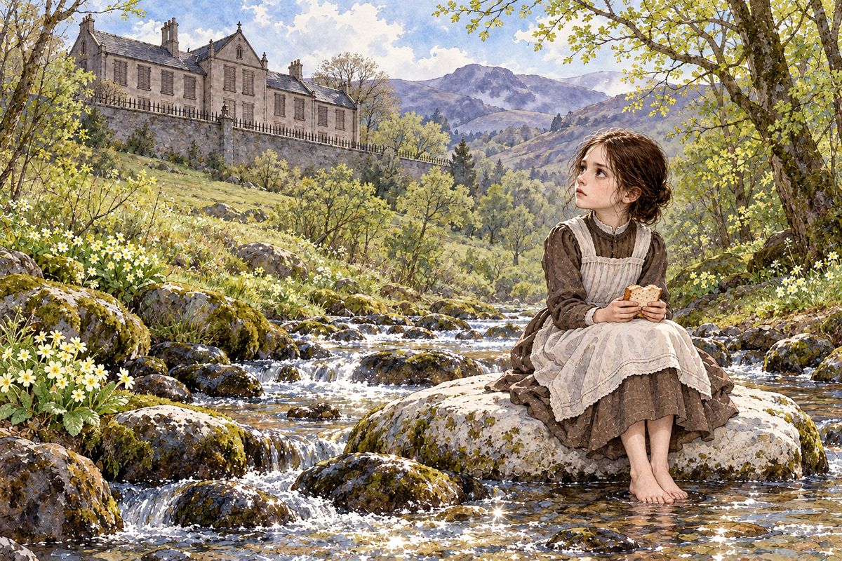 Spring greened the Lowood valley, but fog-bred typhus crept into the school, and soon forty-five of the eighty girls lay ill. Coffins left quietly. The few healthy girls were turned loose in the woods from morning till night. Jane's favourite seat was a broad white stone in the middle of the beck, which she reached by wading barefoot.