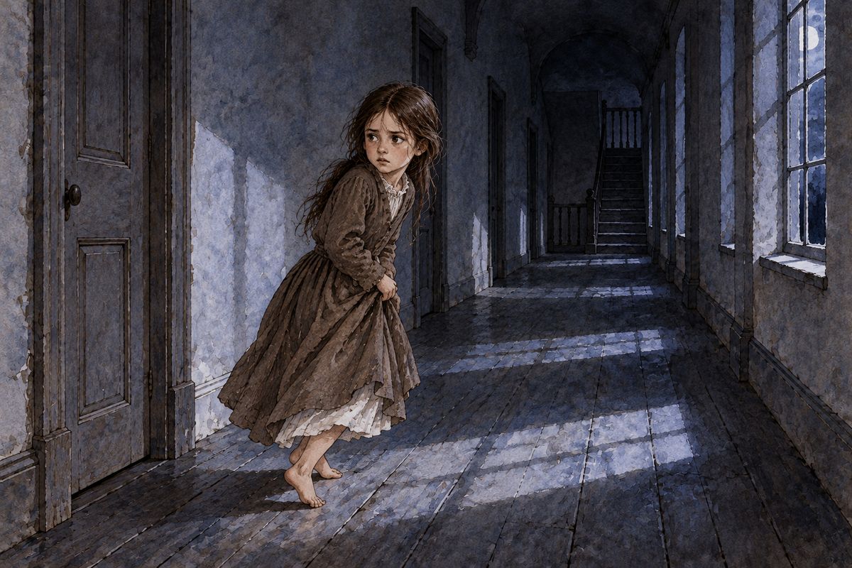 Near eleven, when the dormitory was silent, Jane pulled her frock over her night-dress and crept out barefoot. Moonlight from the passage windows showed her the way. She hurried past the fever-room, which smelled of camphor and burnt vinegar, and went on to the far end of the house, where Helen lay in Miss Temple's room.