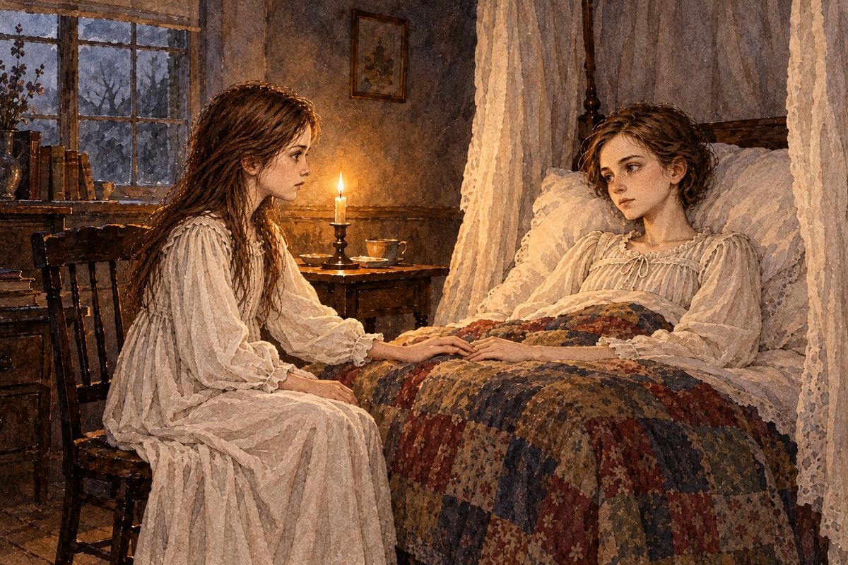 Miss Temple had been called to the fever-room and the nurse was dozing. Helen, pale but calm, made Jane cover her bare feet under her quilt. "I am going to God," she whispered, and she promised that Jane would come to the same place of happiness one day. Jane held her close. "Don't leave me, Jane." "No one shall take me away."