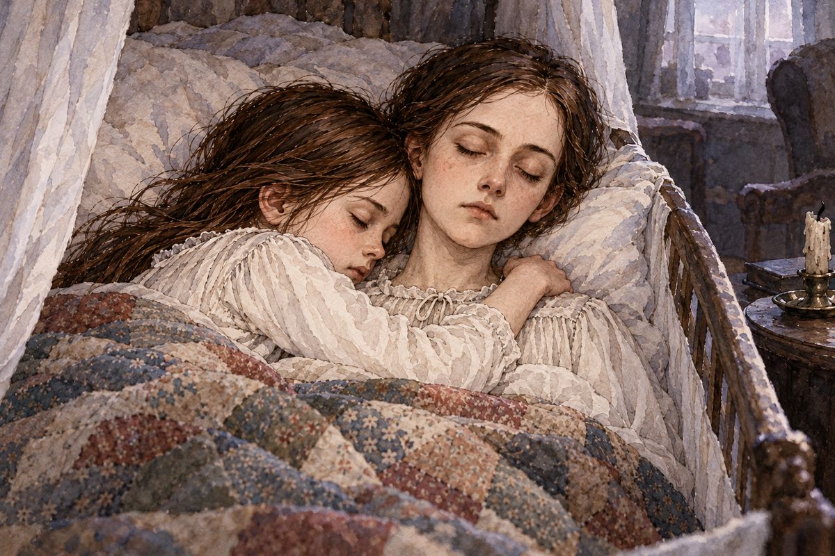 Jane woke in daylight in the nurse's arms as she was carried back to bed. A day or two later she learned what had happened. At dawn Miss Temple had found her asleep in the little crib with her face against Helen's shoulder and her arms round her neck. Helen was dead.