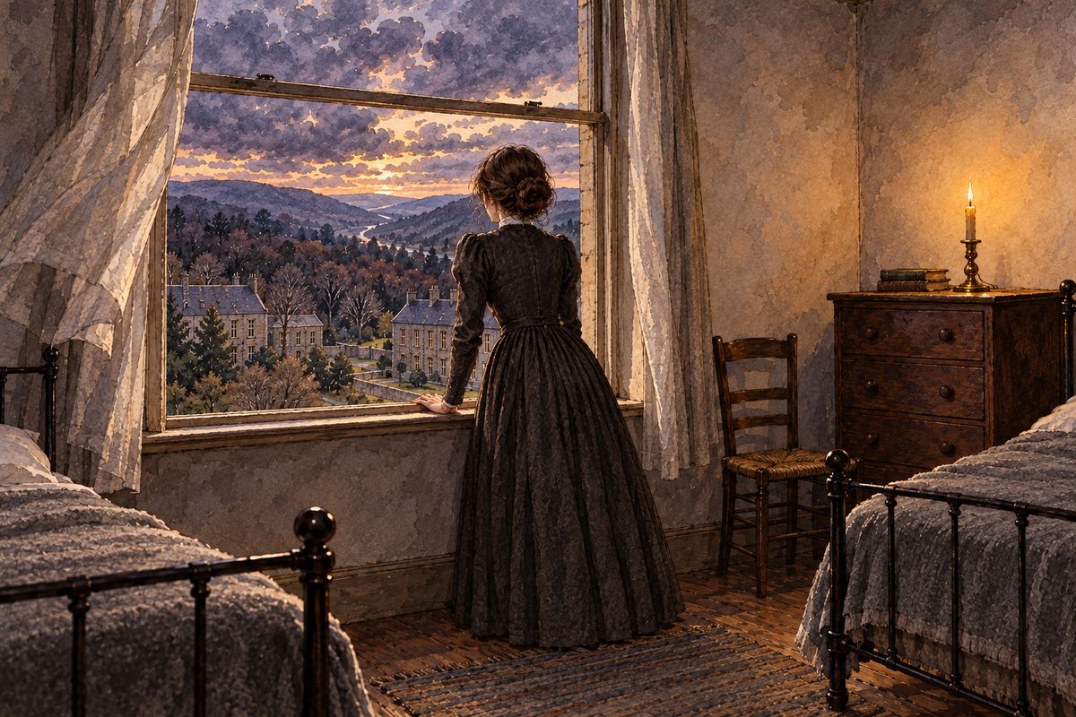 Then Miss Temple married a clergyman and drove away over the hill, and she took Lowood's calm with her. Jane, now eighteen, opened her window and gazed at the far blue peaks, longing to follow the white road. She prayed for liberty, then for change, and at last, half desperate, she cried: "Grant me at least a new servitude!"