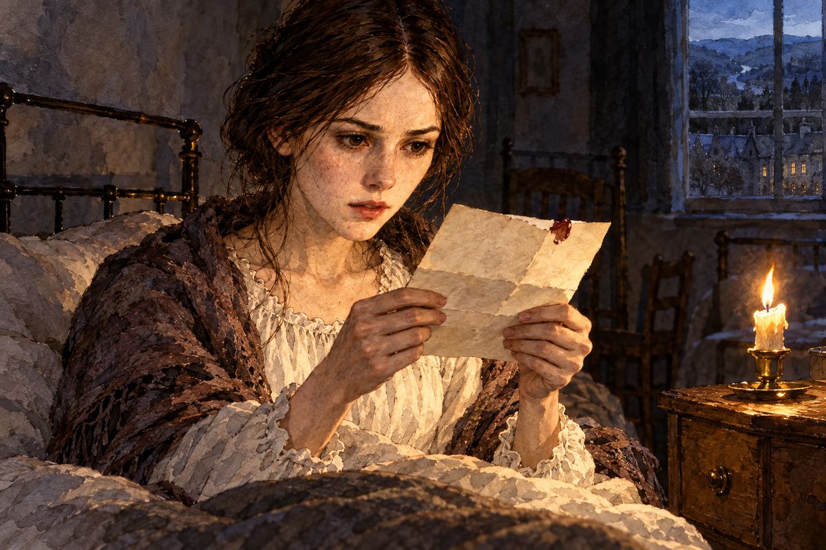 That night the answer came to her: she would advertise. She posted a notice in the Herald from Lowton, and a week later she found one reply waiting. In bed, by an inch of candle, while Miss Gryce snored, she read it. A Mrs Fairfax of Thornfield, near Millcote, offered thirty pounds a year to teach one little girl.