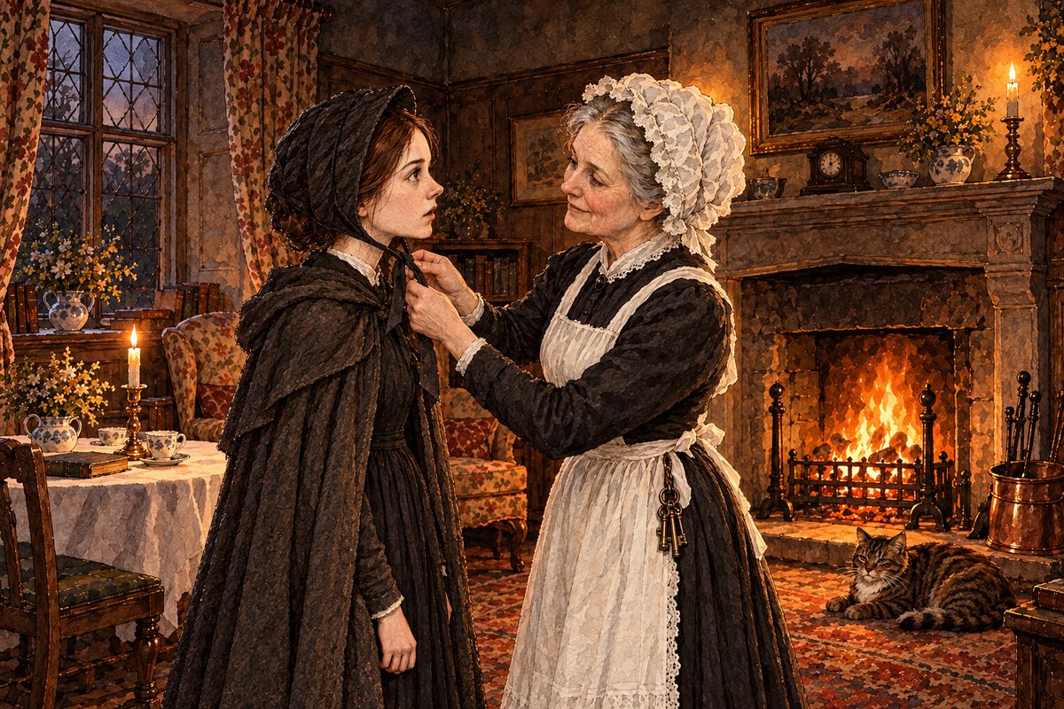 She had feared the coldness she knew at Gateshead. Instead, a neat little widow in a widow's cap got up from her knitting and hurried to meet her. "You must be cold, come to the fire," said Mrs Fairfax, untying Jane's bonnet herself and calling for hot negus. Jane's heart warmed to her at once.