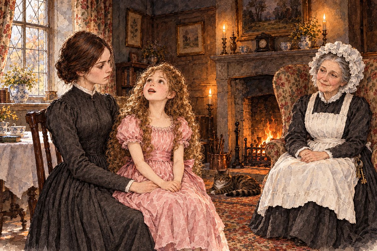 Next morning Jane learned that Thornfield belonged not to Mrs Fairfax but to Mr Rochester, who was hardly ever there. Her pupil was his little French ward, Adèle Varens. After breakfast, Adèle climbed onto Jane's knee, folded her hands and sang an opera song about a lady abandoned by her lover. Then she recited a fable by La Fontaine, in French, with all the gestures.