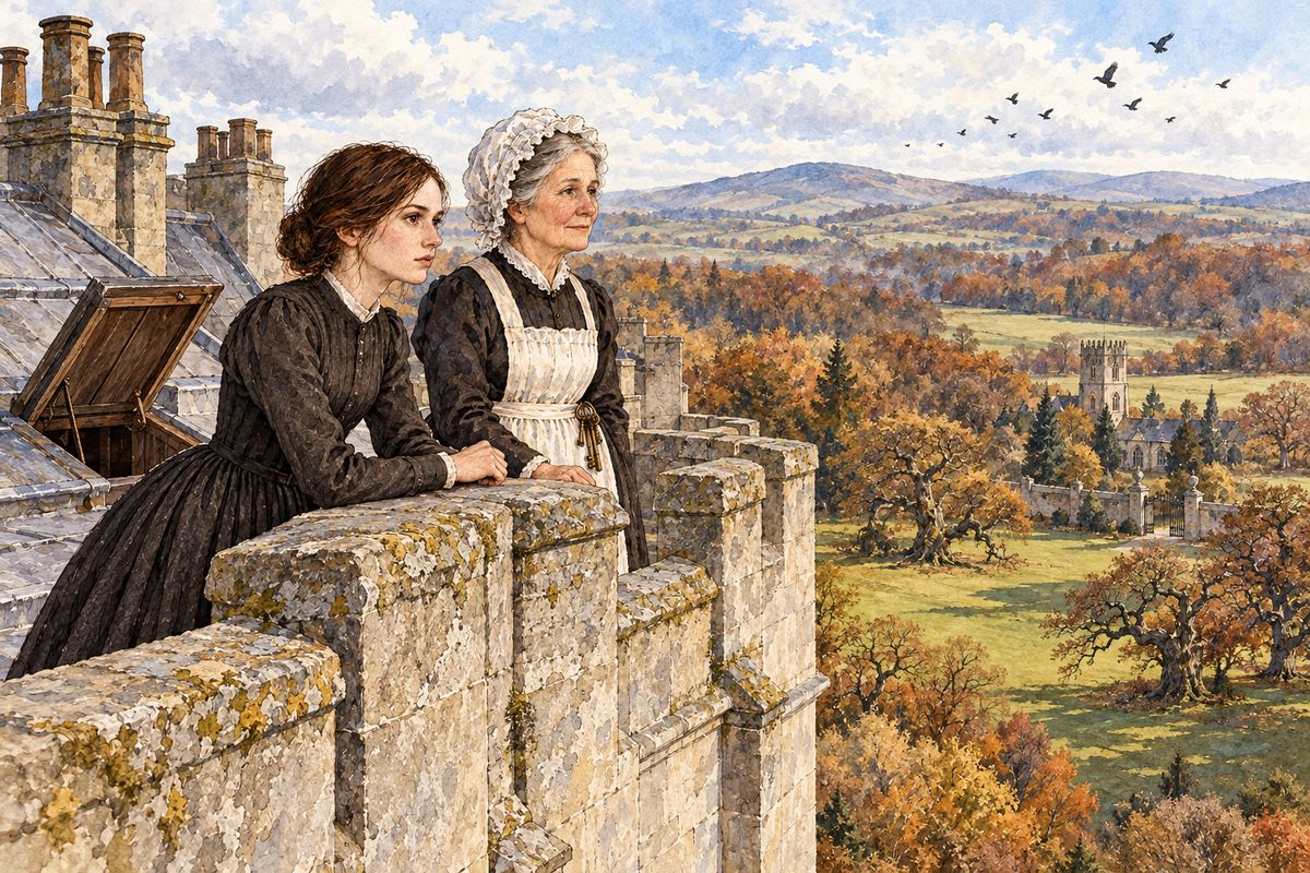 Mrs Fairfax showed her through the house, from the grand dining-room to the dim third-storey rooms full of old furniture. At last they climbed a ladder and went out through a trap-door onto the leads. Below them the autumn lawn, the old thorn trees, the church and the quiet hills lay in the sun like a map.
