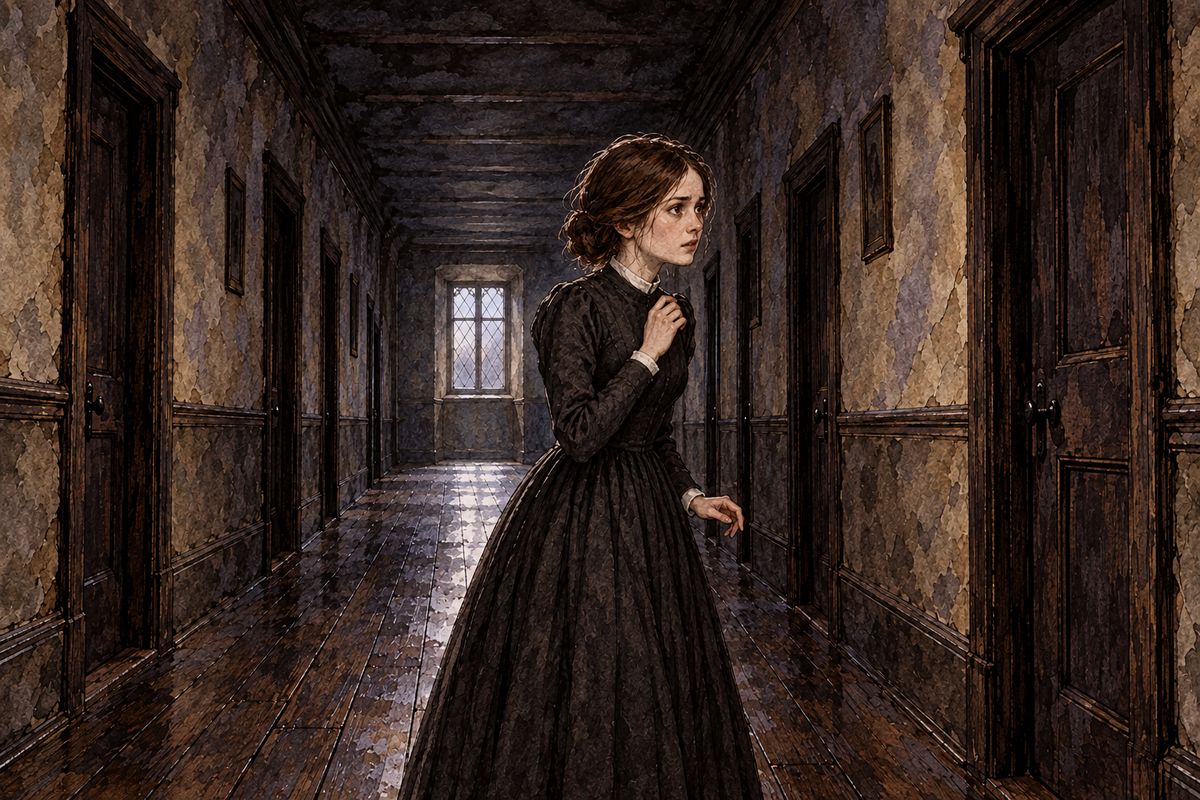 On the way down, Jane waited alone in the third-storey corridor. It was narrow, low and dim, with two rows of small black doors all shut, like a passage in Bluebeard's castle. Then, in that silent place, she heard a laugh. It was strange, slow and mirthless, and it grew into a loud peal that echoed through the empty rooms.