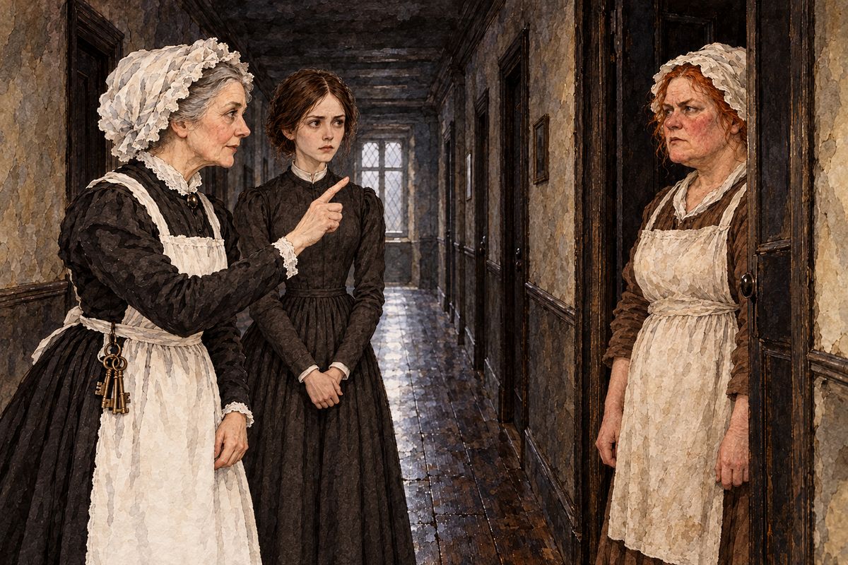 "Perhaps Grace Poole," said Mrs Fairfax calmly. She called the name, and the nearest door opened. Out came a square-built, red-haired servant with a hard, plain face, about as unghostly as a person could be. "Too much noise, Grace. Remember directions!" Grace curtseyed without a word and went back inside.
