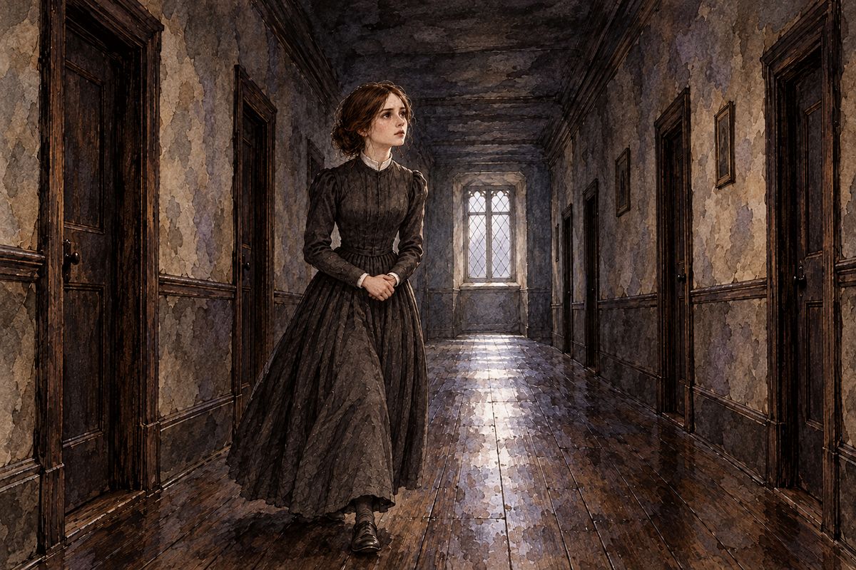 Autumn turned to winter. Adèle learned well and Mrs Fairfax was kind, but Jane longed for more of life than Thornfield gave her. Women, she thought, feel just as men do and need a field for their efforts too. When she grew restless she paced the third-storey corridor, telling herself a tale that never ended, and now and then she heard Grace Poole's low laugh.