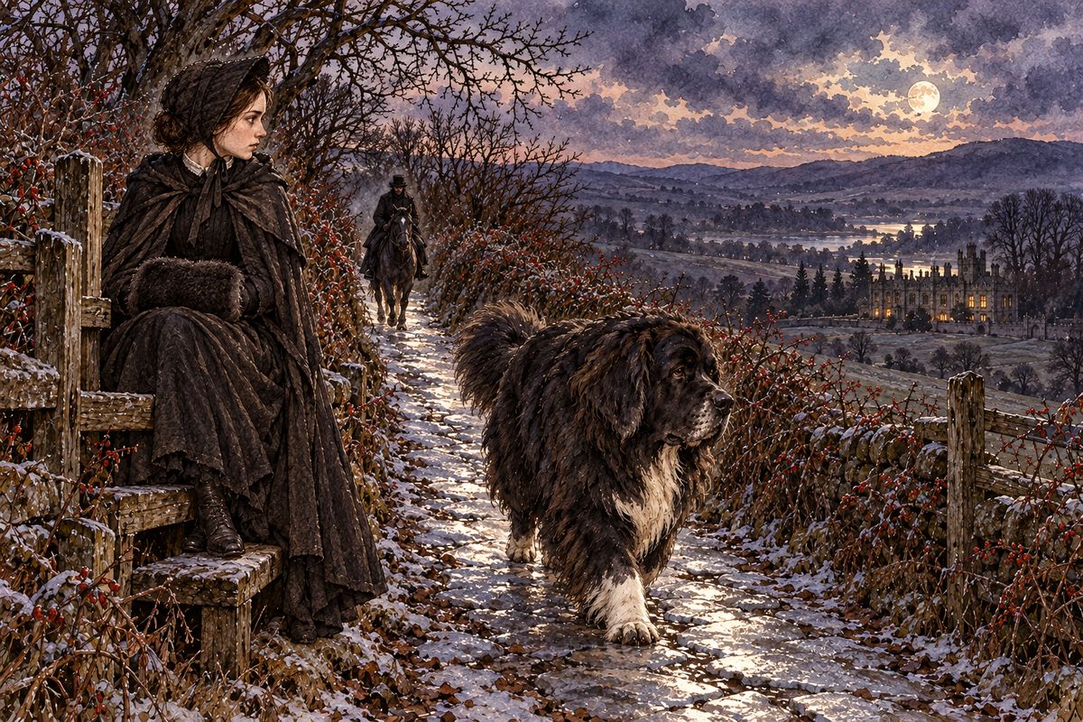 One still, frozen afternoon in January, Jane walked to Hay to post a letter. She rested on a stile in the lonely lane as the sun went down and the moon came up. Then came the clatter of hooves. A great black-and-white dog slid past under the hedge, just like the Gytrash, the ghostly creature from Bessie's old tales.