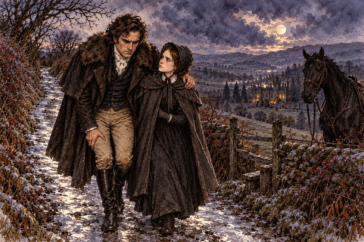 The horse slipped on the ice and fell with its rider. "Down, Pilot!" growled the dark stranger, who had sprained his ankle. He asked who she was, and when she said she was the governess, he gave her a long look. "Necessity compels me to make you useful," he said. Then he leaned on her shoulder, limped to his horse and galloped away.
