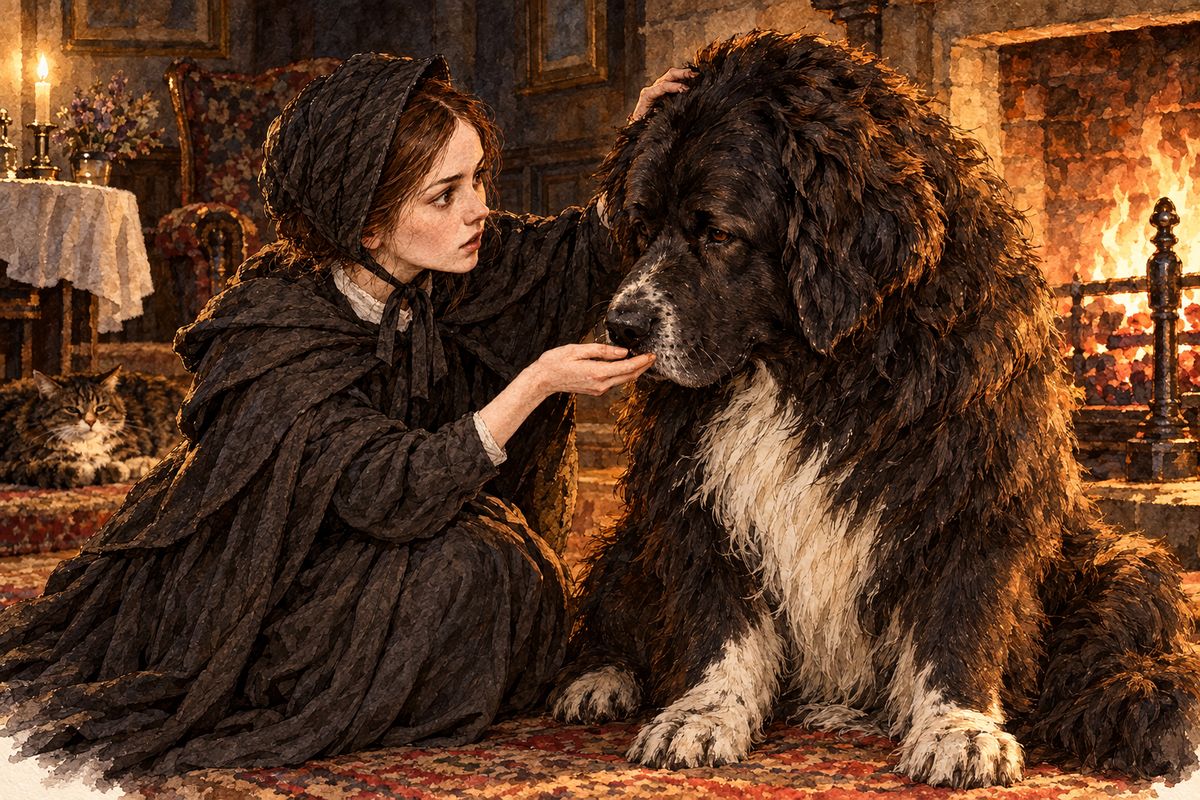 When Jane got home, she found a great black-and-white dog sitting alone by Mrs Fairfax's fire. "Pilot," she said, and he came to her. "He came with master," said Leah, the maid. Mr Rochester had just arrived. His horse had slipped on the ice in Hay Lane, and he had sprained his ankle. The stranger was the master of Thornfield.