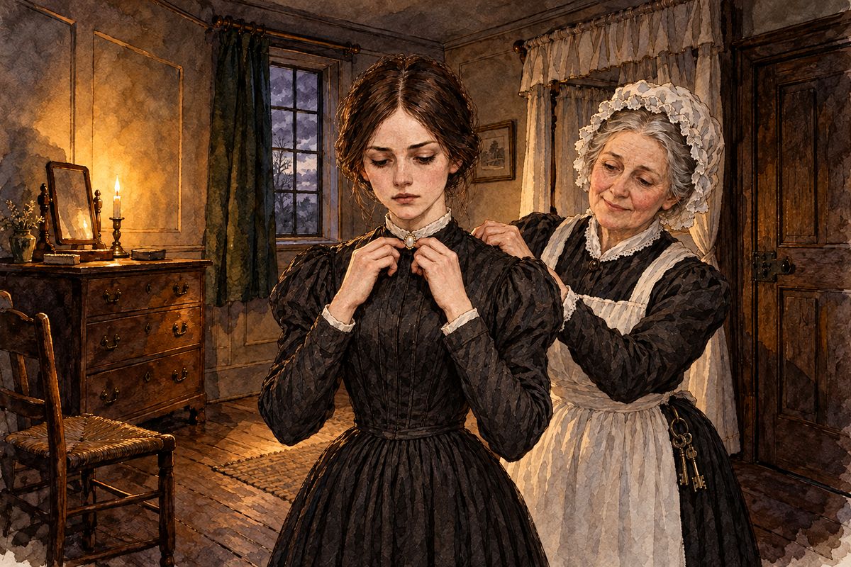 The day after his fall in Hay Lane, Thornfield had a master, and the house rang with callers. That evening Mr Rochester asked for Jane and Adèle at tea. Jane changed her plain stuff dress for her best black silk, and Mrs Fairfax fastened it while Jane pinned on the little pearl brooch Miss Temple had given her when they parted.