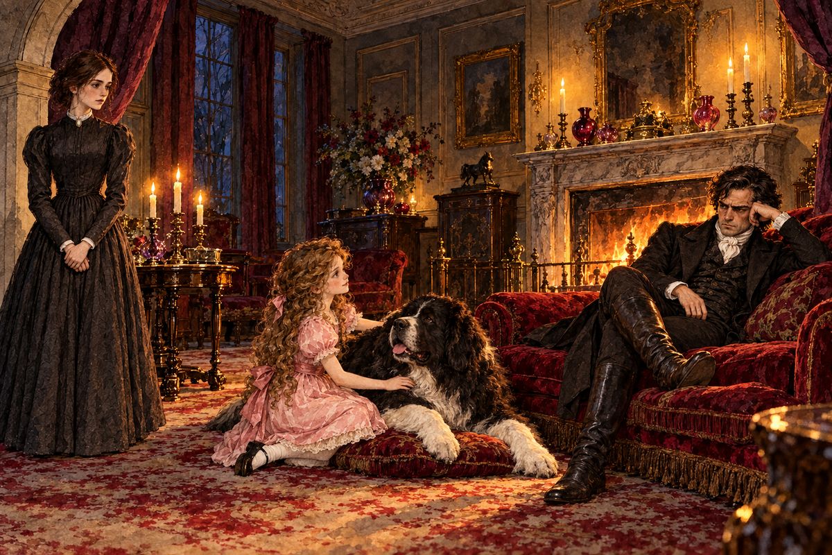 Mr Rochester lay half reclined on a couch, his sprained foot on a cushion and the firelight on his grim, square face. He watched Adèle and Pilot and did not even look up. "Let Miss Eyre be seated," was all he said. Jane sat down, oddly at ease: his rudeness asked for no grace in return.