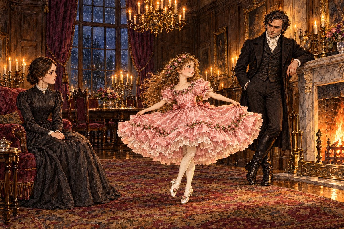 He talked strangely that night, of a past he regretted and a cure he meant to take for it. Then Adèle burst in, wearing the rose-coloured satin frock from her long-awaited box, and danced up to him, curtseying just as her mother used to. "Precisely," he said bitterly: that was how the mother had charmed the gold from his pocket.