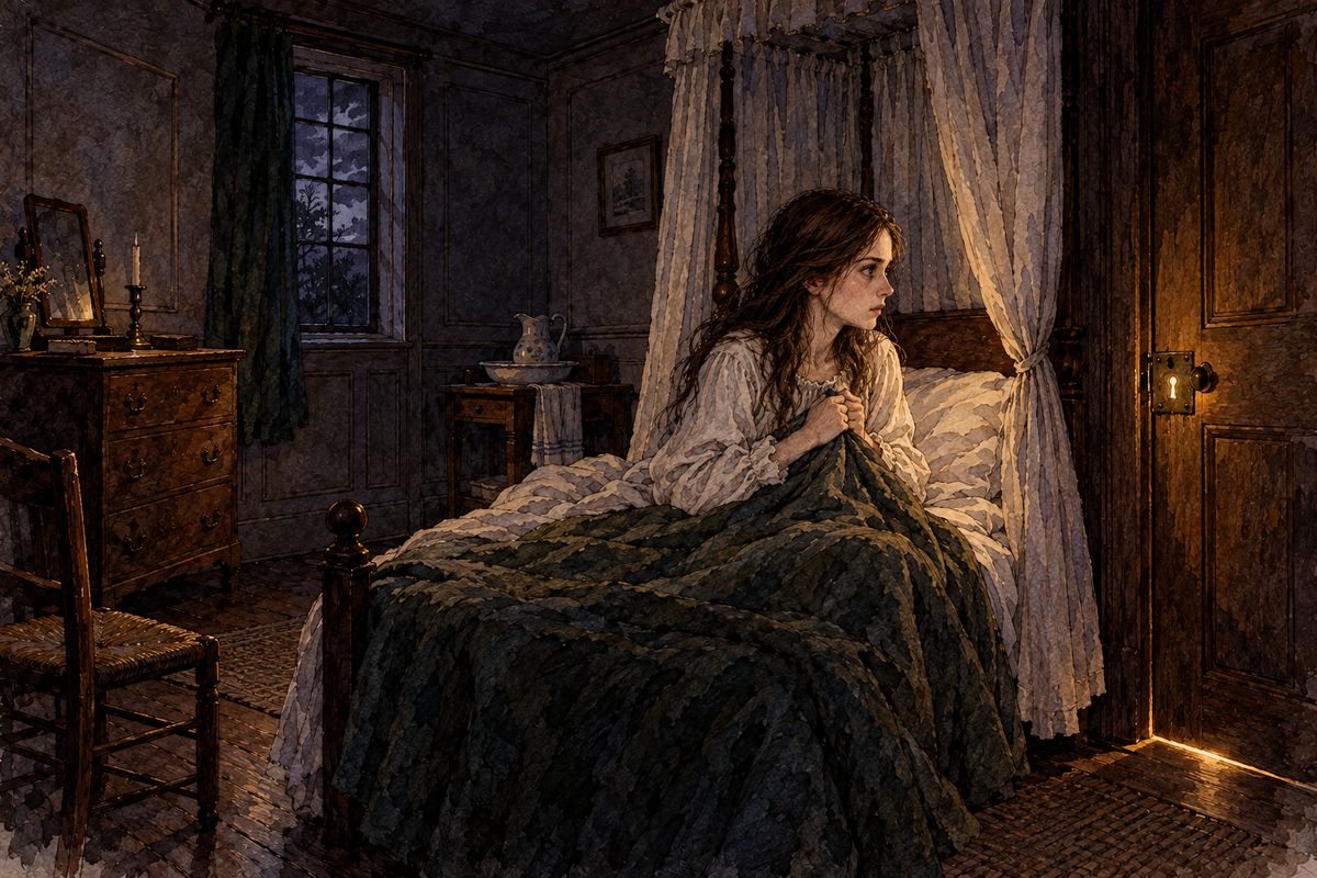 Jane told him Adèle was not to blame and she would only love her more. That night she lay awake thinking of him. At two o'clock something brushed her door, and then came a low, demonic laugh, as if right at her keyhole. Steps went off towards the third-storey stairs. Was it Grace Poole?