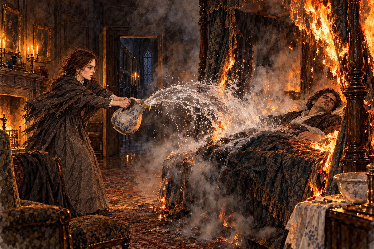 Opening her door, she found the gallery full of smoke pouring from Mr Rochester's room. His bed curtains were on fire, and he lay in a stupor in the middle of the blaze. Jane seized his basin and ewer, then her own jug, and drenched the bed and the sleeper until the flames hissed out.