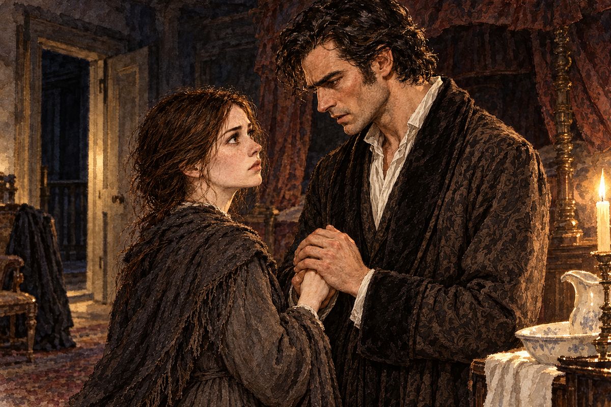 Soaked and grave, he went up to the third storey alone and came back pale. "Grace Poole—you have guessed it," he said, and told her to keep silent. But when she tried to go, he held her hand warmly in both of his. "You have saved my life," he said. "I feel your benefits no burden, Jane."