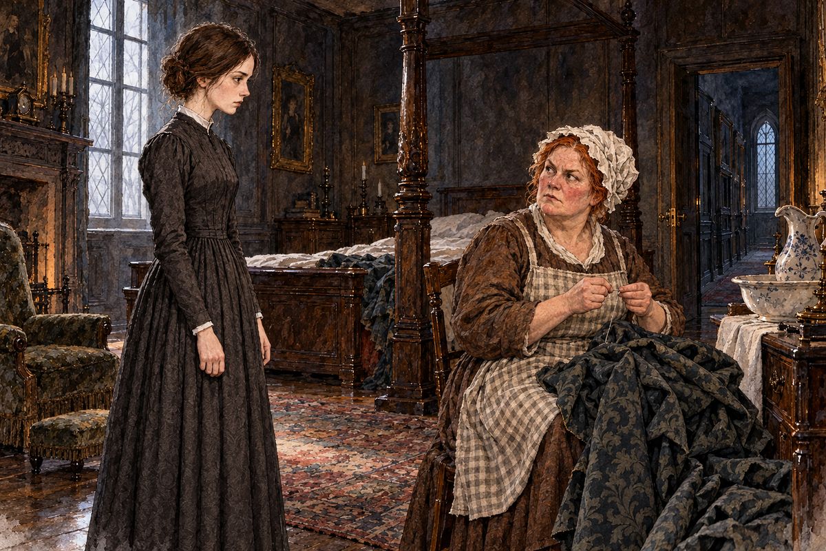 The morning after the fire, Jane found Grace Poole calmly sewing rings onto new bed-curtains in Mr Rochester's room. Grace asked whether Jane had heard anything in the night, and whether she bolted her door. Jane said she would from now on. "It will be wise so to do," Grace answered, without a flicker.