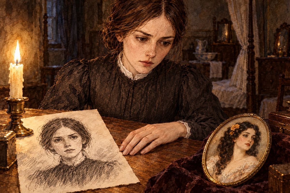 That night Jane told herself off for being a fool. She drew her own face in chalk without softening a single line and called it 'Portrait of a Governess, disconnected, poor, and plain'. Then she spent a fortnight painting a lovely imaginary Blanche on ivory, to look at whenever she began to hope.