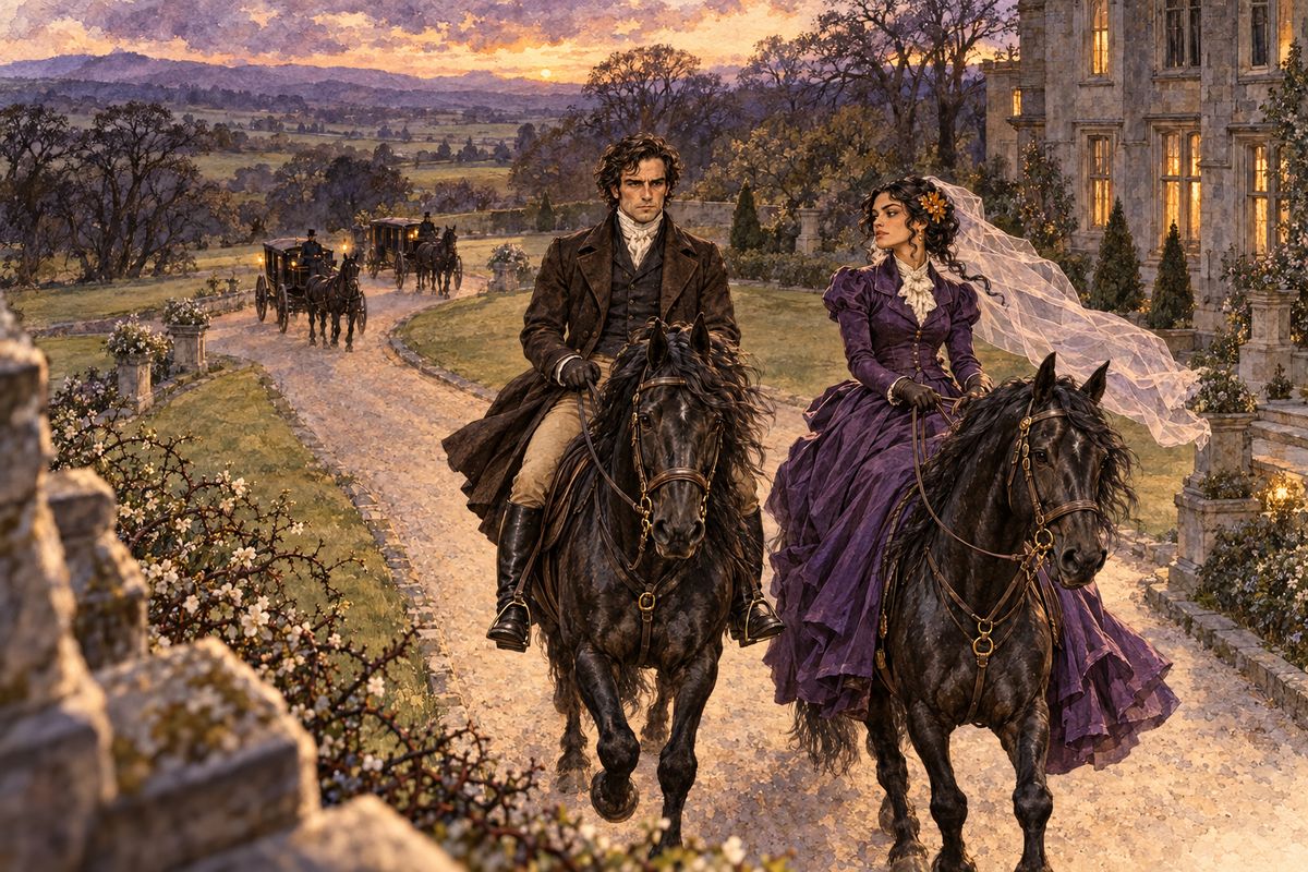 On Thursday evening Jane watched from the schoolroom window, hidden by the curtain, as the party came up the drive. Mr Rochester rode in front on his black horse Mesrour, with Pilot bounding ahead. Beside him rode a lady in a purple riding-habit, raven ringlets gleaming through her veil. "Miss Ingram!" cried Mrs Fairfax.