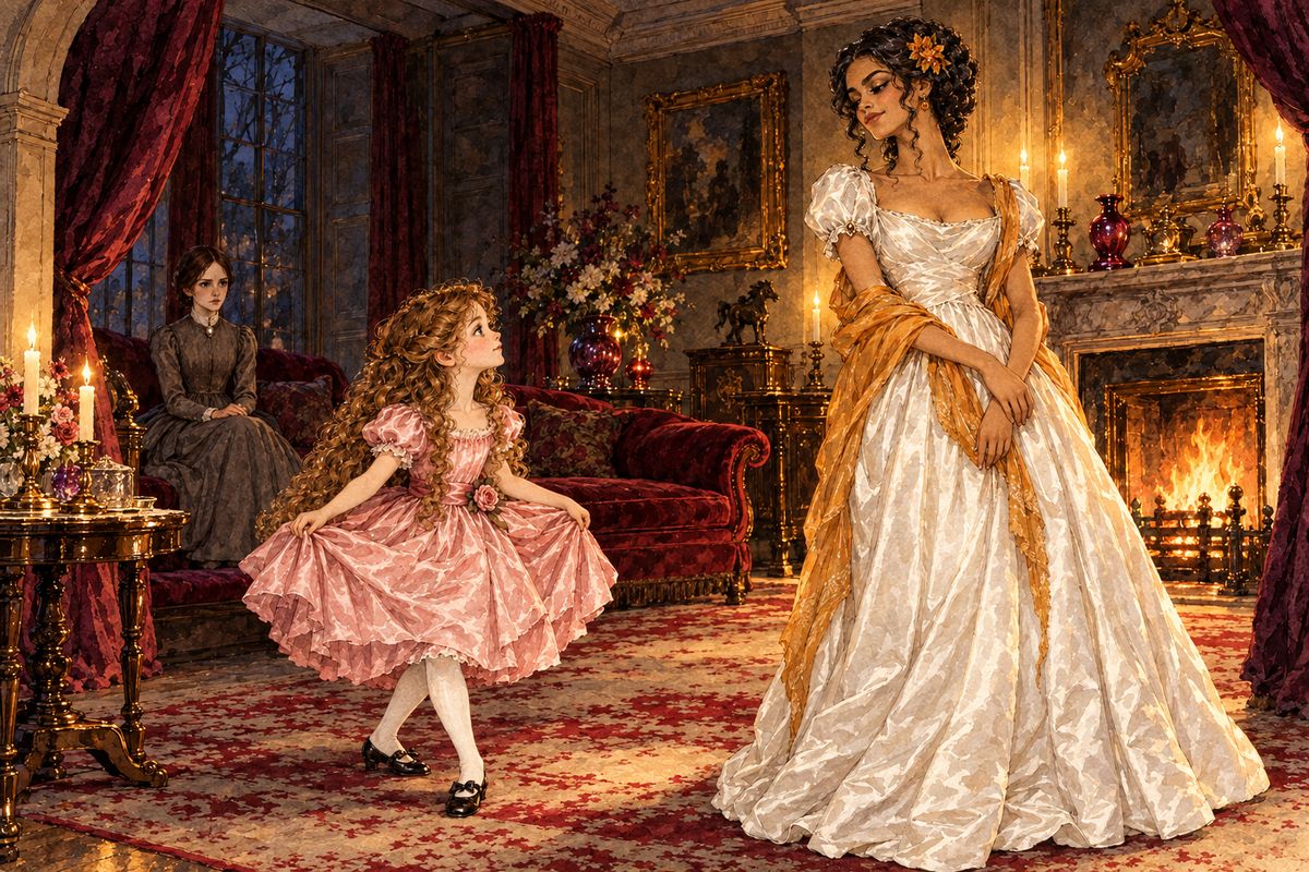 The next evening Mr Rochester insisted that Jane bring Adèle to the drawing-room. Jane sat in a window-seat as the ladies swept in like white birds. Adèle curtseyed gravely, and Blanche Ingram looked down at her and laughed, "Oh, what a little puppet!"
