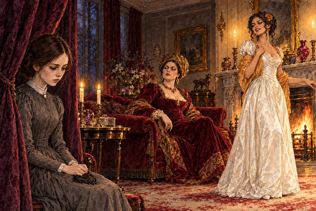 When the gentlemen came in, Mr Rochester never glanced at Jane. Blanche asked him why he kept a governess, and Lady Ingram declared she could read 'all the faults of her class' in Jane's face. "Half of them detestable and the rest ridiculous," Blanche laughed. Jane shrank further behind the curtain.