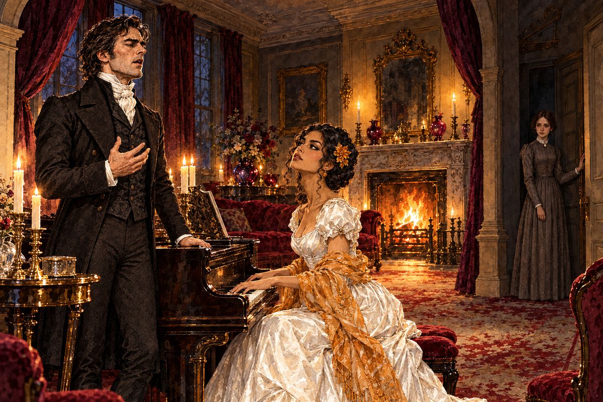 Blanche changed the subject, saying she liked a man with 'a spice of the devil in him', and she sat down at the piano and commanded Mr Rochester to sing. Jane meant to slip away, but his deep, powerful bass held her still until the last note died.