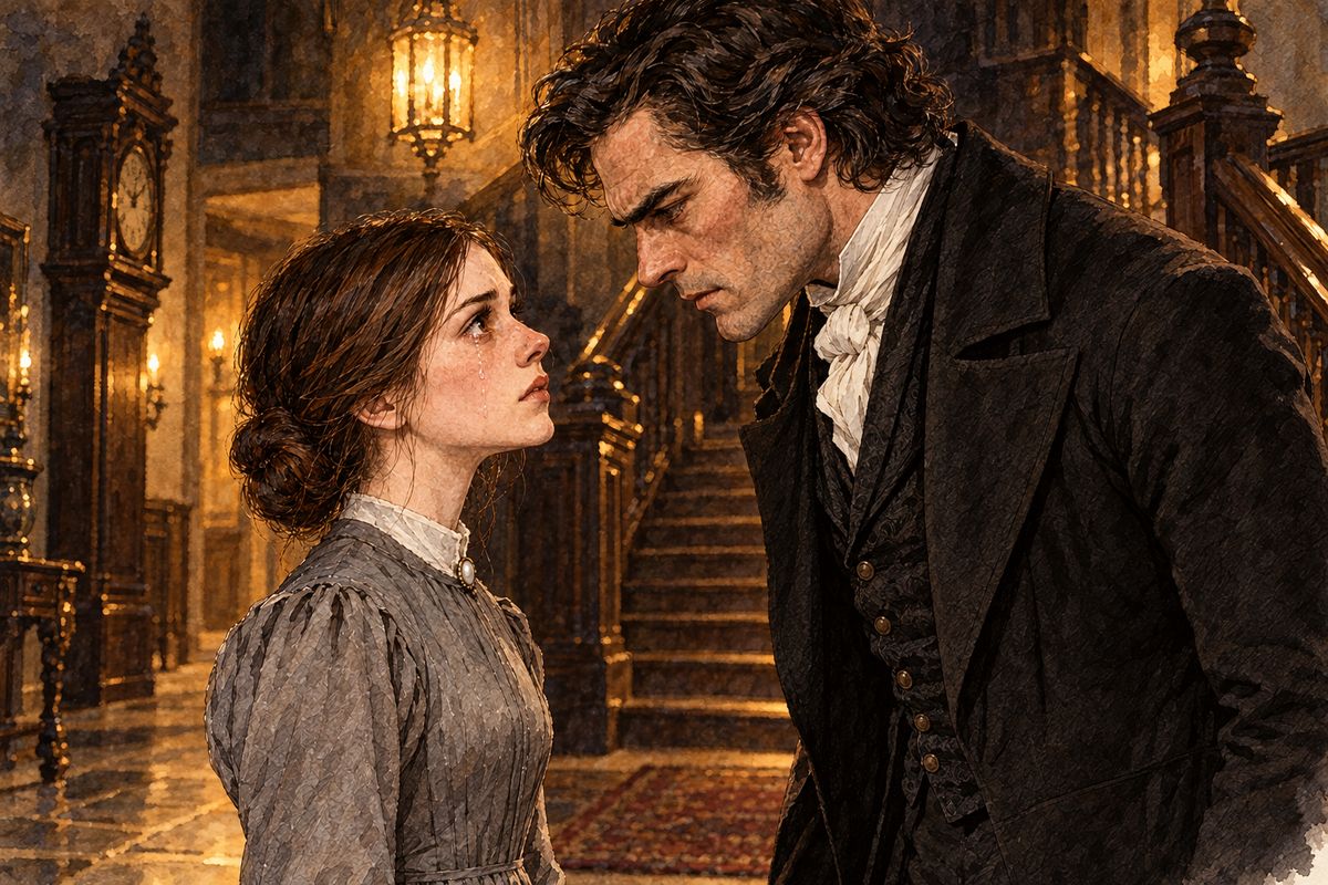 In the hall Mr Rochester caught her. He saw at once that she was paler, and that tears stood in her eyes. "So long as my visitors stay, I expect you in the drawing-room every evening," he said. "Now go. Good-night, my—" He stopped, bit his lip, and walked abruptly away.
