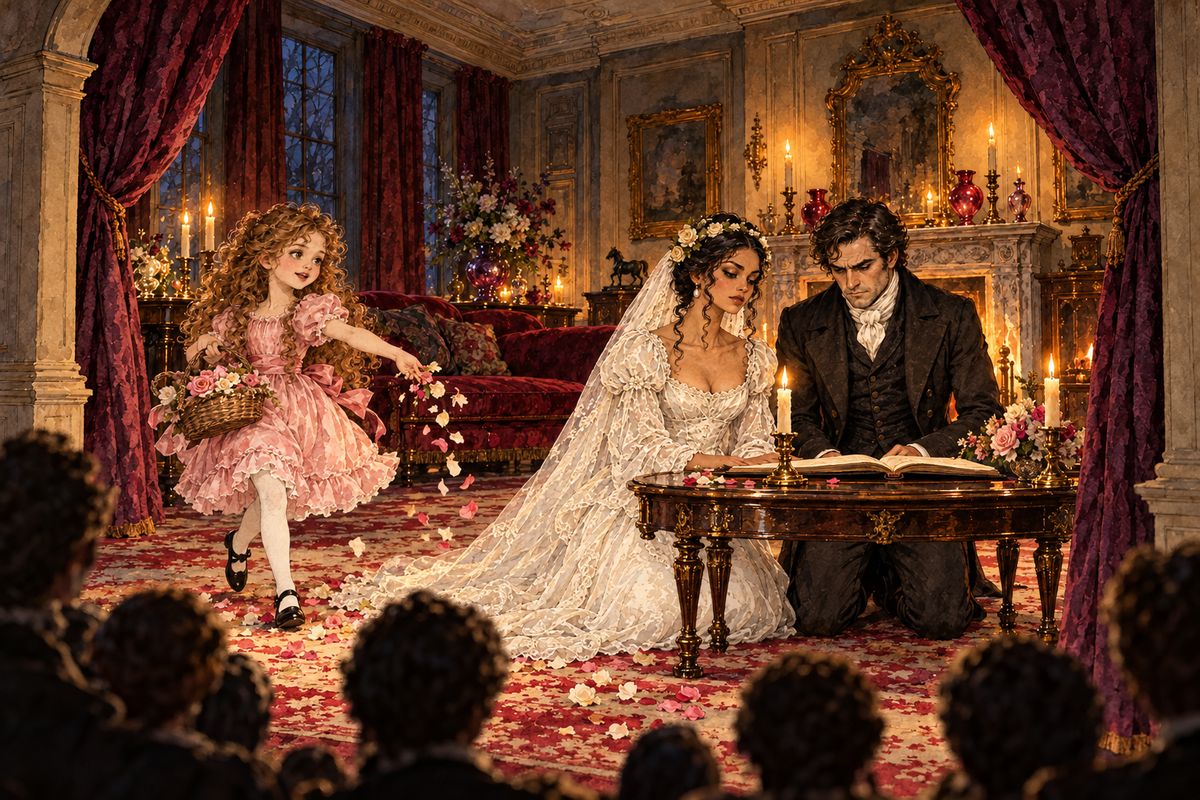 On a wet spring evening the house party played charades, and the dining room became a theatre facing the drawing-room arch. Jane would not join in. When the curtain rose, Miss Ingram came forward in a white veil and a wreath of roses, with Mr Rochester at her side, and Adèle scattered flowers before them. "Bride!" the other side guessed.