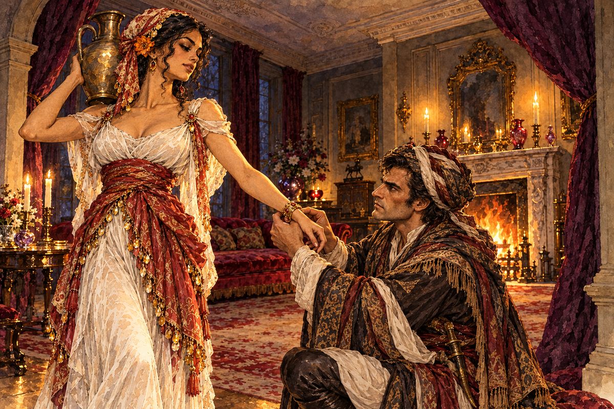 In the second scene a marble basin from the conservatory stood in for a well. Mr Rochester sat beside it in shawls and a turban like an Eastern emir. Miss Ingram, dressed as Rebecca, gave him water from her pitcher, and he knelt and fastened gold bracelets on her bare arms.