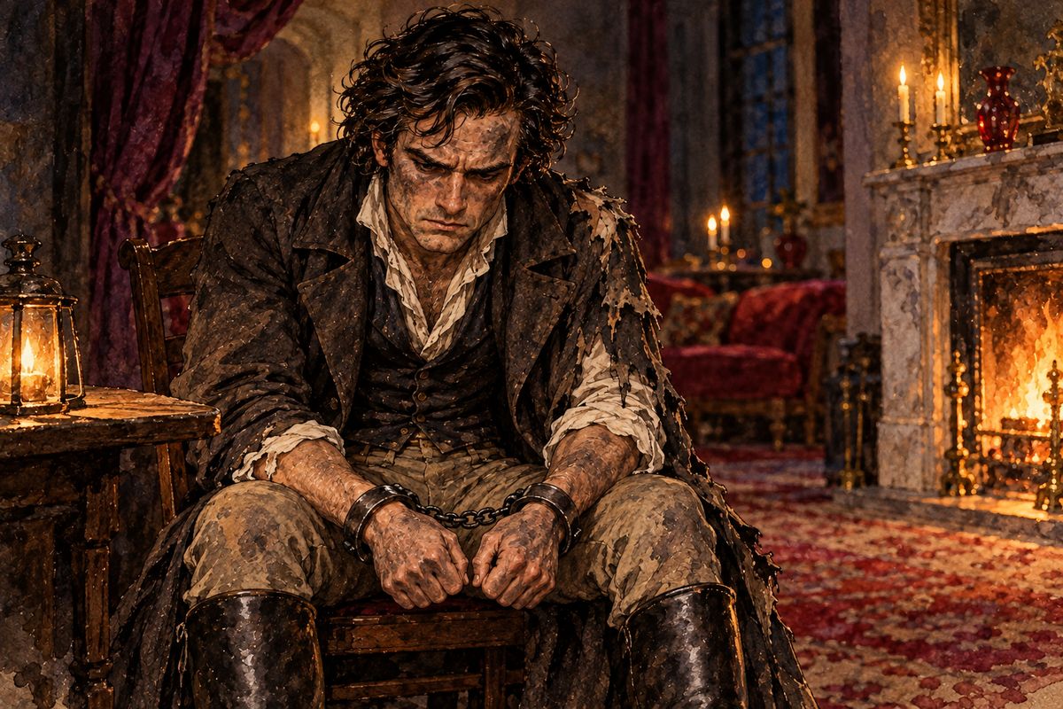 On the third rising the candles were out. By the dim light of a horn lantern sat a grimy, scowling man in a torn coat, with his eyes on the floor. When he moved, a chain clanked at his wrists. "Bridewell!" cried Colonel Dent, and the word was solved. Jane knew it was Mr Rochester all the same.