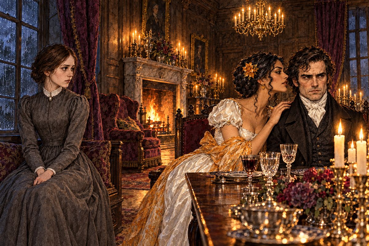 Afterwards Jane watched the audience instead of the stage. Miss Ingram leaned so close that her curls brushed Mr Rochester's cheek, though she snubbed Adèle and never once looked at Jane. Jane admitted to herself that she loved him. What hurt most was seeing that he would marry Blanche for rank, and that Blanche could not make him love her.