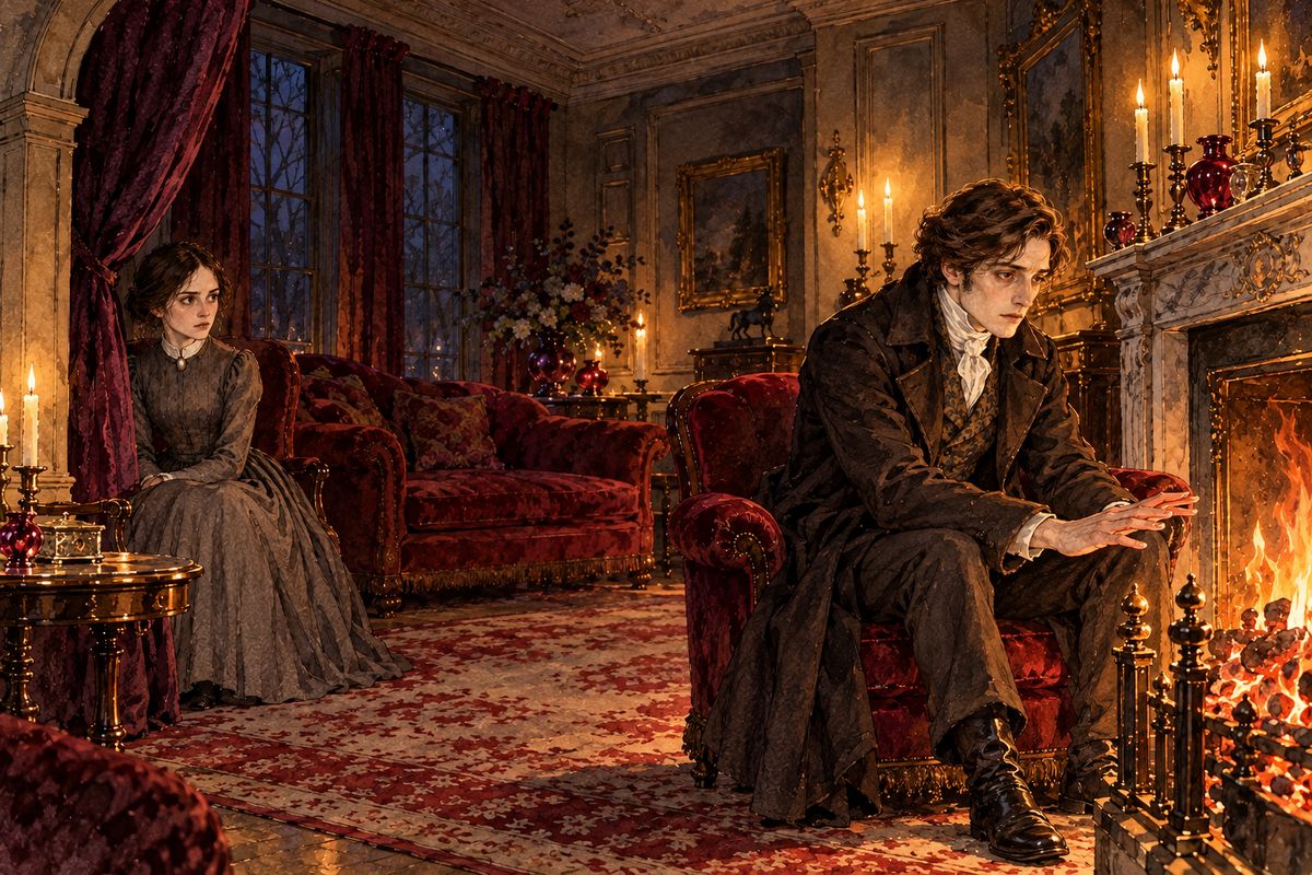 One wet day, while Mr Rochester was away at Millcote, a stranger arrived by post-chaise and settled in to wait for him. He was Mr Mason, newly come from Jamaica. That evening he sat close to the fire, shivering in his surtout and asking for more coal. Jane thought him a sleek gander next to Mr Rochester's fierce falcon.