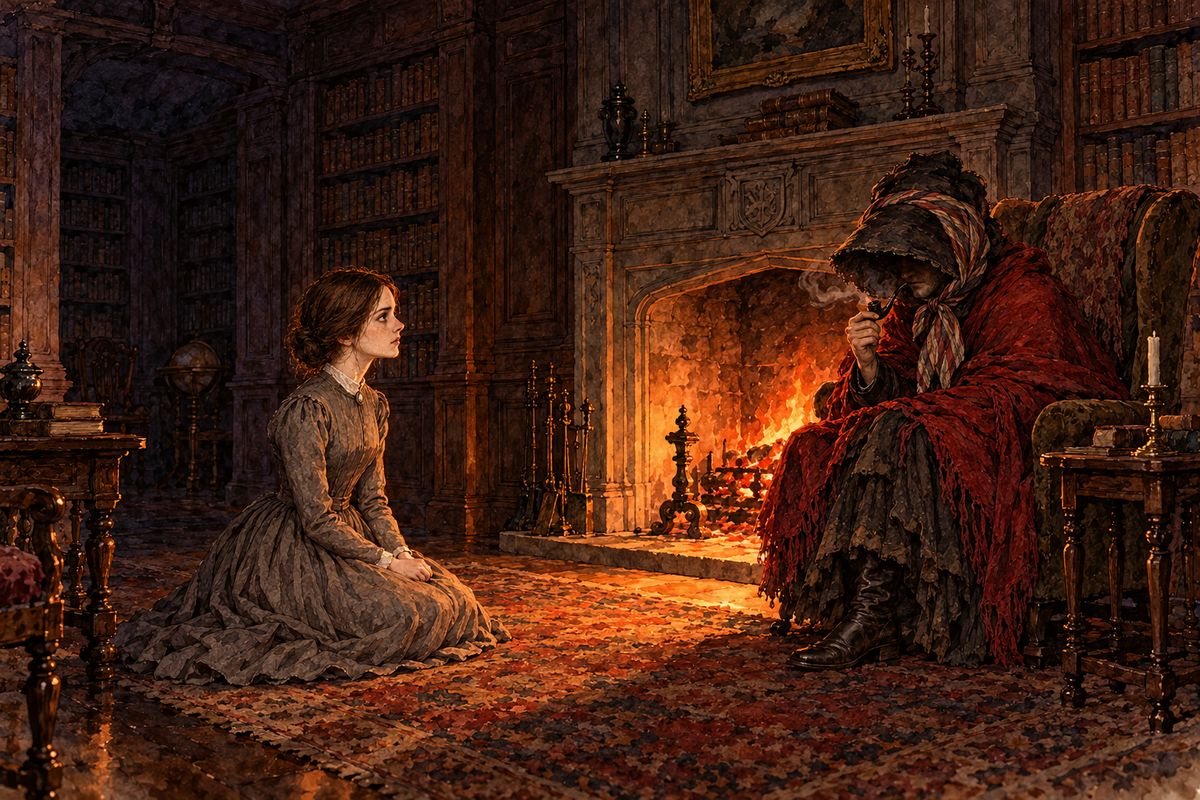 Jane was not afraid. In the firelit library an old woman in a red cloak and a black bonnet sat smoking a short black pipe. She told Jane she was cold, sick and silly: lonely, and too proud to reach for the happiness that waited for her. Then she had Jane kneel so the firelight fell on her face, and began to read it.