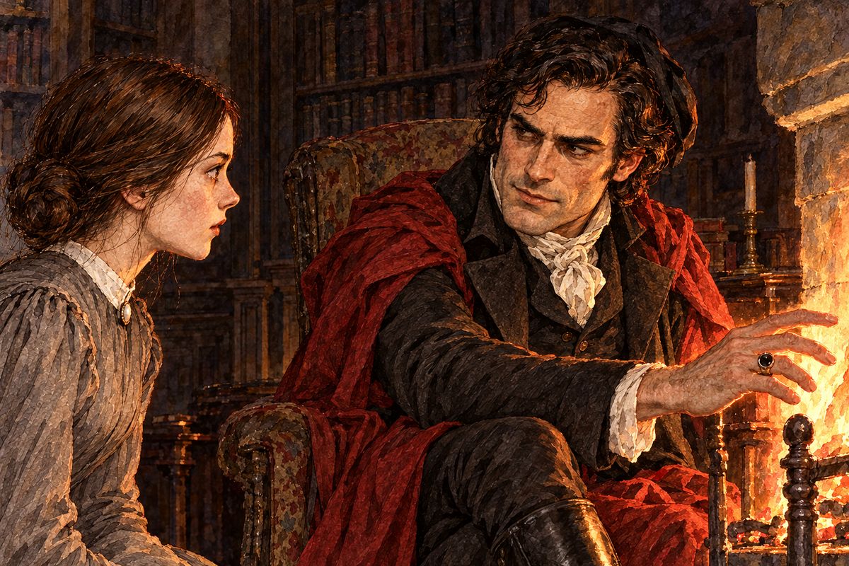 As the old voice spoke of reason holding the reins, it changed, and its tone grew familiar. The hand held out in the firelight was not withered. It was smooth and strong, with a ring Jane had seen a hundred times. "Well, Jane, do you know me?" Mr Rochester threw off the red cloak.