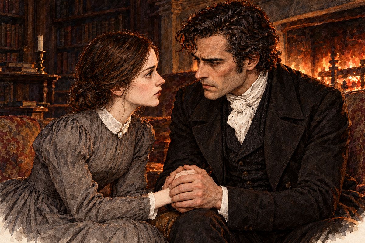 When Jane mentioned a stranger named Mason from the West Indies, Mr Rochester gripped her wrist and went whiter than ashes. "Jane, I've got a blow!" He sat with her hand held in both of his, then asked: if everyone turned against him, would she go with them? "I should have more pleasure in staying with you," she said.