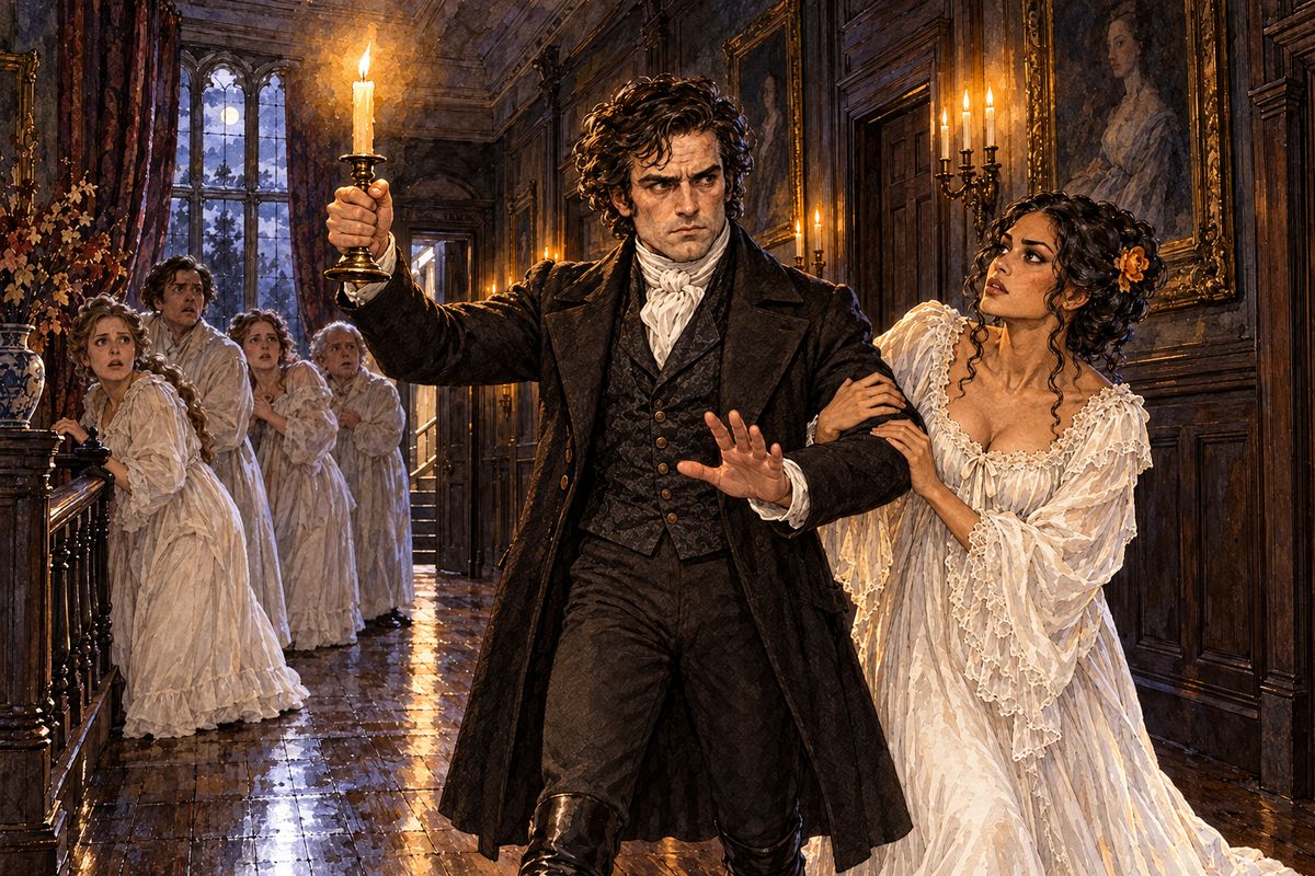 Doors flew open and frightened guests crowded the moonlit gallery, crying of fire and robbers. Mr Rochester came down from the upper storey with a candle, Miss Ingram clutching his arm. A servant had had a nightmare, he told them, nothing more, and coaxed and commanded every one back to bed.