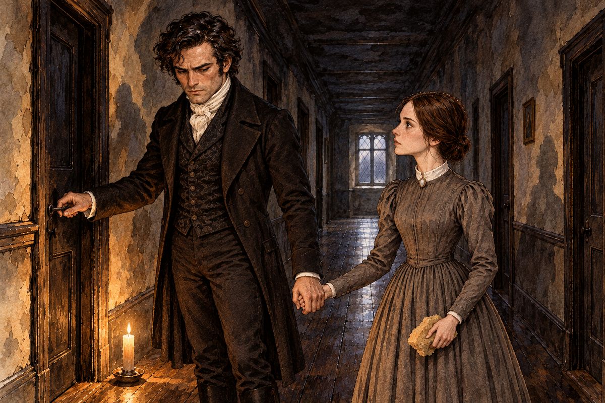 Jane did not believe the story; she dressed and waited. Near dawn Mr Rochester tapped at her door and led her softly up to the third storey, where she fetched her sponge and salts. At a small black door he asked if blood made her sick, and took her hand. "Warm and steady," he said, and turned the key.