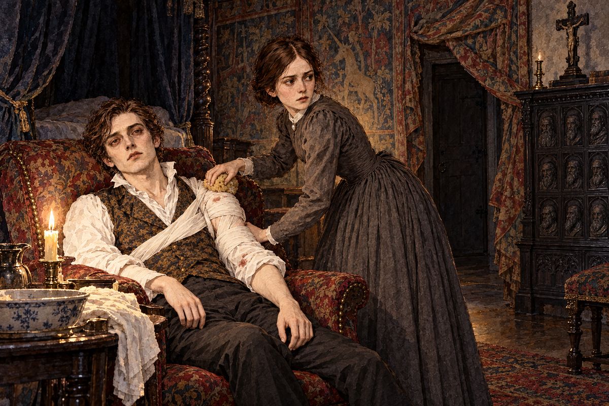 Inside, Grace Poole's goblin laugh rang behind an inner door, and in a chair lay the stranger Mason, pale as death, his arm wounded. Mr Rochester went for a surgeon and locked Jane in, forbidding them to speak. Through the long night she sponged the wound and held water to his lips, while snarling sounds came from beyond the door.