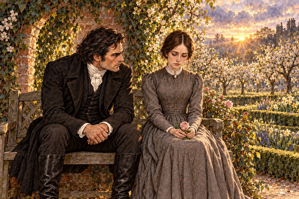 Then Rochester drew Jane into the dewy orchard and gave her the first rose. On the ivy bench he asked her to suppose a man, ruined by an early error, who found new life in a fresh, good stranger: might he defy the world's rules to keep her? He looked at her eagerly, then laughed bitterly and spoke of marrying Miss Ingram.