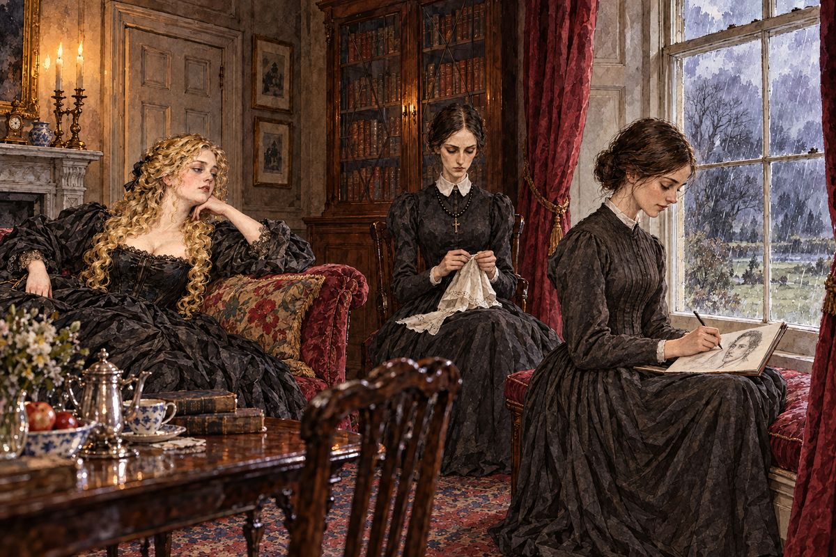 At Gateshead Bessie welcomed her warmly, but her cousins were cold: severe Eliza ignored her, and plump Georgiana eyed her plain bonnet. While her aunt lay delirious for ten days, Jane sat apart by the window drawing, and one morning found she had sketched Mr Rochester's face from memory.