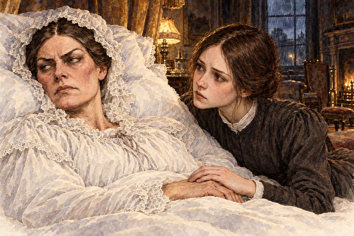"You have my full and free forgiveness," Jane told her. "Ask now for God's, and be at peace." But Mrs Reed turned from her kiss and drew her cold fingers away; dying, she must hate Jane still. She sank into stupor and died at midnight, and neither Jane nor her daughters shed a tear.