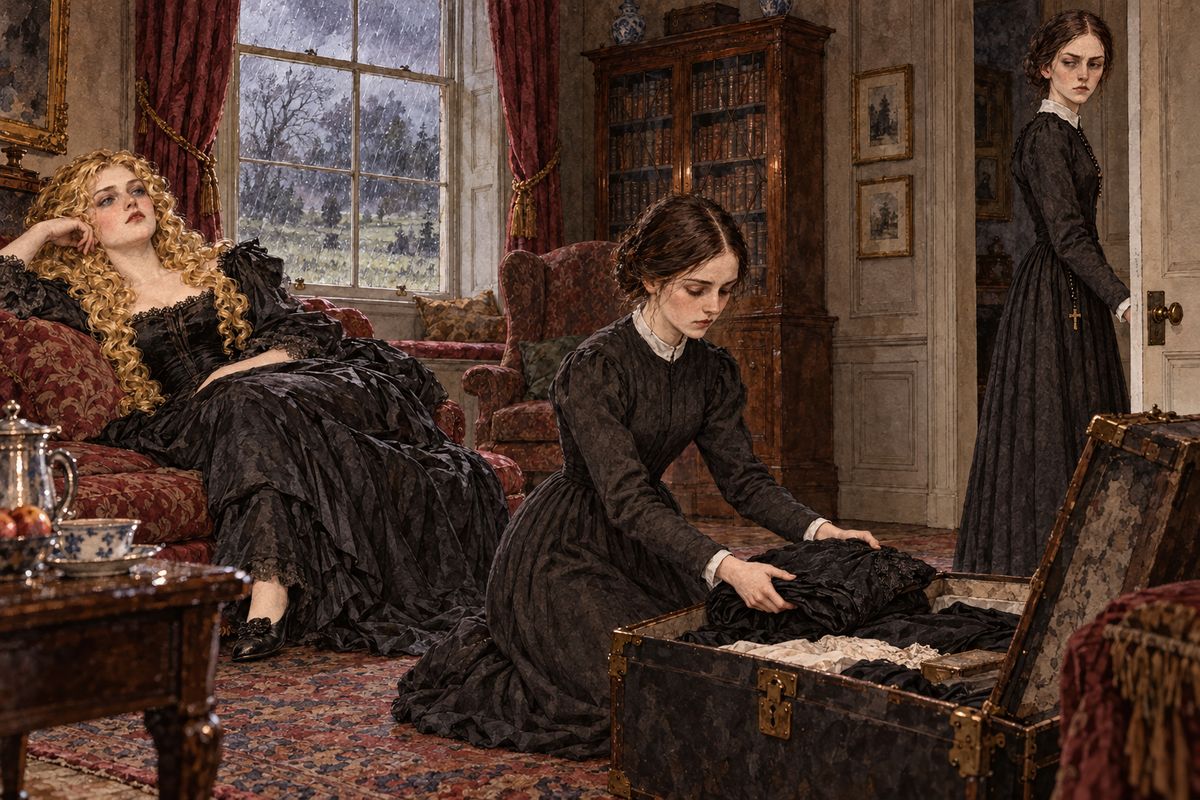 Mrs Reed was buried, yet Jane stayed a month at Gateshead, sewing and packing for the idle Georgiana and keeping house for Eliza, who burned her papers behind a bolted door. Georgiana later married a rich, worn-out man of fashion; Eliza took the veil in a French convent and in time became its head.